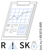 Clipboard with graph, data chart, and checklists signifying financial risk analysis. Icons spell RISK with caution and money bag. Ideal for finance, investment, business strategy, forecasting. Financial Risk Analysis with Graph Trends and Money Bag Denoting Caution in Investments. Стоковая иллюстрация, агентство Ingram Publishing / Фотобанк Лори