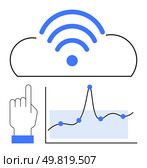 Cloud with wireless symbol graph pointing finger highlights data analysis connectivity technology, cloud computing. Ideal for business, tech, analytics, innovation, communication, strategy. Line. Data Connectivity and Analysis Cloud Integration for Strategic Insights. Стоковая иллюстрация, агентство Ingram Publishing / Фотобанк Лори