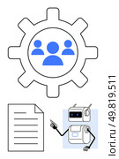 Gear with blue team symbol document, and friendly robot character. Ideal for teamwork, AI integration, document management, workflow enhancement, technology, communication, productivity. Line. Collaborative and Technological Innovations Bridging People with AI for Optimized Workflow Management. Стоковая иллюстрация, агентство Ingram Publishing / Фотобанк Лори