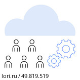People icons under a light blue cloud with gear symbols. Ideal for teamwork, cloud solutions, automation, technology, collaboration, project management, digital transformation. Line metaphor. Collaborative Cloud Computing Simplifying Teamwork and Automation for Modern Businesses. Стоковая иллюстрация, агентство Ingram Publishing / Фотобанк Лори