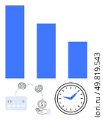 Bar chart with varying heights, credit card with circulating coins, hand holding money, and clock face. Ideal for financial analysis, banking, investment, budgeting, time management business. Bar Chart with Financial Elements Including Credit Card, Circulating Money, and Clock Representing Time. Стоковая иллюстрация, агентство Ingram Publishing / Фотобанк Лори