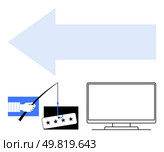 Hand holding phishing rod with password near computer monitor and large leftward arrow. Ideal for cybersecurity training, phishing awareness, online threats, internet safety, digital security, IT. Cybersecurity Awareness Hand Phishing Password near Monitor and Arrow Indicating Left Direction. Стоковая иллюстрация, агентство Ingram Publishing / Фотобанк Лори