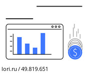 Financial bar graph with four blue bars of varying heights, adjacent to falling coins with dollar signs. Ideal for investment, revenue growth, financial planning, economic analysis, business. Financial Growth Chart with Coins Dropping, Representing Investment and Revenue Increase. Стоковая иллюстрация, агентство Ingram Publishing / Фотобанк Лори