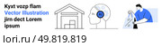 Warehouse icon, AI head profile with circuits, person analyzing graphs and data. Ideal for logistics, automation, AI integration, data analysis, technology, business strategy digital transformation. Digital Warehouse Management, AI Integration, and Data Analysis for Optimized Logistics. Стоковая иллюстрация, агентство Ingram Publishing / Фотобанк Лори
