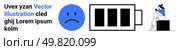 Sad blue face, low battery icon, person sitting on box using phone. Usage themes wellness, tech fatigue, stress, burnout, digital dependence energy depletion disconnection. Landing page. Sad face with low battery icon, person on phone. Text block on left. Concept of exhaustion and disconnection. Стоковая иллюстрация, агентство Ingram Publishing / Фотобанк Лори