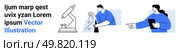 Microscope, scientist working with test tubes, and another examining data on a tablet. Ideal for scientific research, experimentation, data analysis, laboratory work, medical research, educational. Male and Female Scientists Conducting Laboratory Research with Experiments and Data Analysis. Стоковая иллюстрация, агентство Ingram Publishing / Фотобанк Лори