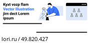 Man in blue shirt unpacks shopping bags while a neighboring icon shows a virtual meeting with group members in a browser window. Ideal for e-commerce concepts, online shopping, teamwork, product. Person Unpacking Shopping Bags with Group Meeting Icon on Light Blue Background. Стоковая иллюстрация, агентство Ingram Publishing / Фотобанк Лори