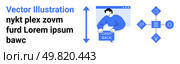 Male figure holding cashback sign, arrows, interconnected icons symbolizing growth and features. Ideal for financial services, marketing campaigns, e-commerce, business presentations, web design. Cashback Offer, Growth Icon, and Feature Highlights with Blue Color Scheme. Стоковая иллюстрация, агентство Ingram Publishing / Фотобанк Лори