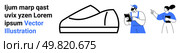 Large sneaker outline centered with male worker holding a tablet and female worker pointing at object. Ideal for manufacturing, design, inspection, quality control, teamwork, industrial processes. Shoe Manufacturing Process with Workers Illustrating Design and Inspection. Стоковая иллюстрация, агентство Ingram Publishing / Фотобанк Лори