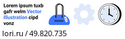 Text block with lorem ipsum, blue handbag, gray gear, and clock with blue rim. Ideal for shopping, time management, productivity, e-commerce, business efficiency scheduling and organization. Text, Handbag, Gear, and Clock Elements Representing Shopping, Time Management, and Productivity. Стоковая иллюстрация, агентство Ingram Publishing / Фотобанк Лори