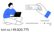 Individual sitting cross-legged using laptop while hand holds digital ID card. Ideal for remote work, digital identity, technology, online verification, personal data, freelancing, cybersecurity. Remote worker seated with laptop next to a hand displaying a digital identity card. Стоковая иллюстрация, агентство Ingram Publishing / Фотобанк Лори