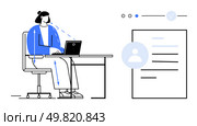 Person sitting at desk using laptop, focusing on digital profile on large screen. Ideal for workplace productivity, office environments, digital interactions, technology use, online profiles. Office Worker Reviewing Digital Profile on Laptop in Modern Workspace with Blue Accents. Стоковая иллюстрация, агентство Ingram Publishing / Фотобанк Лори
