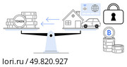 Tokens and Bitcoin stacked on one side of a scale balancing a house, car, and digital assets on the other side with a security lock. Ideal for finance, cryptocurrency, digital transactions, real. Balancing Tokens with Real-World Assets Concept of Cryptocurrency in Real Estate and Online Transactions. Стоковая иллюстрация, агентство Ingram Publishing / Фотобанк Лори