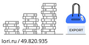Stack of boxes arranged in ascending order beside blue handbag and export label. Ideal for international trade, ecommerce, shipping logistics, retail business, market growth, commercial exports. Line. Stack of boxes beside export label and blue handbag indicating trade and commerce growth. Стоковая иллюстрация, агентство Ingram Publishing / Фотобанк Лори