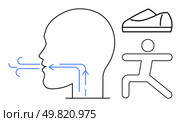 Human head exhaling air with blue airflow arrows, a sneaker, and a person running. Ideal for health, fitness, exercise, sports, breathing, lung health, and wellness themes. Line metaphor. Human head exhaling air with a sneaker and person running, representing health and fitness. Стоковая иллюстрация, агентство Ingram Publishing / Фотобанк Лори