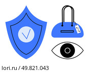 Bag with price tag, eye icon, shield with check mark conveying security and reliability. Ideal for e-commerce, surveillance, shopping safety, online security, consumer protection branding. Line. Bag with price tag, eye icon, and shield with check mark conveying security, surveillance, and e-commerce. Стоковая иллюстрация, агентство Ingram Publishing / Фотобанк Лори