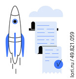 Rocket launching beside a document stored in the cloud with a checklist. Ideal for technology startups, innovation, cloud storage, documentation, and process efficiency themes. Clean and modern style. Rocket Launching with Cloud Storage Document. Стоковая иллюстрация, агентство Ingram Publishing / Фотобанк Лори