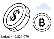 Dollar and bitcoin coins floating, symbolizing traditional and digital currencies. Cloud in the background signifies the digital age. Ideal for finance, technology, innovation, cryptocurrency. Digital Cryptocurrency and Traditional Currency Comparison with Cloud Background. Стоковая иллюстрация, агентство Ingram Publishing / Фотобанк Лори