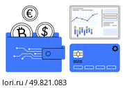 Digital wallet containing cryptocurrency symbols , and Bitcoin adjacent are a graphical data chart and a blue credit card with a gear icon. Ideal for finance, investment, fintech, banking. Digital Wallet with Cryptocurrency Symbols, Graphical Data Chart, and Credit Card. Стоковая иллюстрация, агентство Ingram Publishing / Фотобанк Лори