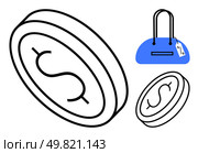 Two money coins and a blue shopping bag with a price tag. Ideal for retail, commerce, shopping, financial transactions, online sales, discount offers, market analysis. Line metaphor. Shopping Bag and Money Coin Representing Retail and Commerce. Стоковая иллюстрация, агентство Ingram Publishing / Фотобанк Лори