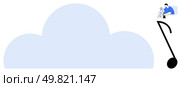 Cloud in light blue with large musical note and person cradling white lamb in top-right corner. Ideal for music, weather, animals, caregiving, art, spirituality, cloud technology themes. Line. Cloud with Musical Note and Person Cradling White Lamb in Light Blue and Black Design. Стоковая иллюстрация, агентство Ingram Publishing / Фотобанк Лори