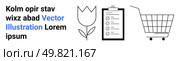 Tulip outline, checklist with checkmarks on clipboard, shopping cart. Ideal for ecommerce, productivity, shopping lists, planning, organization, task management, and to-do lists. Banner for landing. Flower, Checklist, and Shopping Cart - Essential Elements for Various Applications in Ecommerce and Planning. Стоковая иллюстрация, агентство Ingram Publishing / Фотобанк Лори