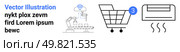 Robotic arm operating with wireless signal, shopping cart with a notification bubble, and an air conditioner emitting air. Ideal for technology, robotics, e-commerce, notifications, shopping, climate. Robotic Arm, Shopping Cart with Notification, and Air Conditioner Icons Representing Modern Convenience. Стоковая иллюстрация, агентство Ingram Publishing / Фотобанк Лори