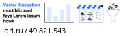 Bar graph representing data, e-commerce storefront with product icons, and marketing funnel with users. Ideal for business analytics, e-commerce, marketing strategies, customer acquisition, sales. Business Metrics and E-commerce Analysis with Customer Funnel Concept. Стоковая иллюстрация, агентство Ingram Publishing / Фотобанк Лори