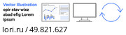 Graph chart on monitor, desktop screen, refresh symbol, and placeholder text convey data analysis, technology, and workflow. Ideal for business analytics, technology, data visualization, IT setups. Business Data Analysis and Digital Workflow Elements Featuring Graphs and Computer Icons. Стоковая иллюстрация, агентство Ingram Publishing / Фотобанк Лори