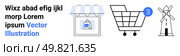 Bag with storefront awning, shopping cart with notification icon, traditional windmill. Ideal for e-commerce, online shopping, retail businesses, store fronts, traditional markets, windmills, vector. E-commerce shopping cart with purchase bag under storefront awning and traditional windmill in black and white. Стоковая иллюстрация, агентство Ingram Publishing / Фотобанк Лори