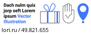Gift box with ribbon, hand gesture, location pin. Ideal for navigation, stop icon, delivery service, gift wrapping geolocation customer service. Simple and clean vector style. Landing page. Gift Box, Hand Gesture, and Location Pin with Placeholder Text in Minimalistic Design. Стоковая иллюстрация, агентство Ingram Publishing / Фотобанк Лори