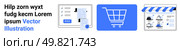 Payment page with card input details, shopping cart icon, online storefront with bag icons and user profiles. Ideal for e-commerce, digital transactions, web design, online stores, mobile apps. Online shopping process from payment page through cart to storefront interface for digital commerce. Стоковая иллюстрация, агентство Ingram Publishing / Фотобанк Лори