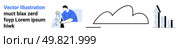Man reviewing blueprints, abstract cloud outline, bar chart with building icon growing upward. Ideal for business strategy, data analysis, growth, architecture, technology, cloud computing progress. Person Reviewing Blueprints, Cloud Outline, and Growing Bar Chart with Building Iconography. Стоковая иллюстрация, агентство Ingram Publishing / Фотобанк Лори