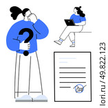 Two people interact one with a question mark, another using a laptop. A signed document completes the scene. Ideal for problem-solving, collaboration, remote work, decision-making, communication. Person pondering holding question mark while another individual uses laptop a signed document. Стоковая иллюстрация, агентство Ingram Publishing / Фотобанк Лори