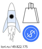 Rocket launching, shopping bag, and dollar sign in blue circle symbolize business growth, e-commerce, and financial success. Ideal for entrepreneurship, online shopping, finance, marketing retail. Rocket taking off, shopping bag, and dollar sign circle emphasizing growth in e-commerce and retail business. Стоковая иллюстрация, агентство Ingram Publishing / Фотобанк Лори