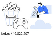 Man holding shopping bags, popcorn bucket, video game controller, and cloud icon. Ideal for e-commerce, gaming, cinema, online shopping cloud storage marketing leisure industry themes. Line. Online Shopping, Entertainment, and Leisure Activities Combined with Digital Cloud Storage Visual. Стоковая иллюстрация, агентство Ingram Publishing / Фотобанк Лори