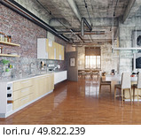 Cozy kitchen interior with brick walls and ambient warm lights. 3d rendering.. Industrial kitchen with warm lighting. Стоковое фото, агентство Ingram Publishing / Фотобанк Лори