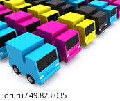 row of CMYK cars. 3d. Стоковое фото, агентство Ingram Publishing / Фотобанк Лори
