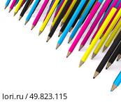 many rows of CMYK colored pencils. 3D. Стоковое фото, агентство Ingram Publishing / Фотобанк Лори