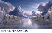 Majestic heavenly thrones guarded by angelic warriors in spectacular cloudscape. Стоковое AI-изображение, AI-художник Olga Didraga / Фотобанк Лори