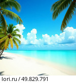 Golden sand stretches along a serene beach, framed by swaying palm trees. The vibrant turquoise water gently laps against the shore under a clear blue sky dotted with white clouds Generative AI. Стоковое AI-изображение, AI-художник Юлия Петровская / Фотобанк Лори