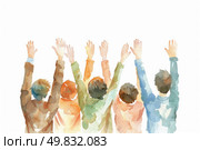 A diverse group of individuals standing together, all with their hands raised in the air in unison. Стоковое AI-изображение, AI-художник Данила Большаков / Фотобанк Лори