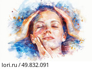 A painting of a woman with her eyes shut, showcasing a moment of introspection and inner reflection. Стоковое AI-изображение, AI-художник Данила Большаков / Фотобанк Лори