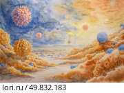 A painting depicting a desert landscape under a blue sky, showcasing the arid terrain and barren vegetation. Стоковое AI-изображение, AI-художник Данила Большаков / Фотобанк Лори