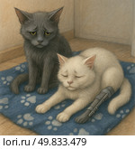 A touching illustration of two cats sitting on a soft blue blanket with a footprint pattern. One cat is a fluffy, cream-colored cat with closed eyes and a sad expression, with a prosthetic leg on her front. The second cat is sitting next to her - a dark gray cat with drooping ears and an expression of deep sadness. Both animals look vulnerable and lonely, creating a strong emotional response. The image is done in a soft pastel technique, with warm, subdued lighting. This work is perfect for projects related to animal protection, charity, themes of compassion, help and responsibility. Стоковое AI-изображение, AI-художник Анна Кривицкая / Фотобанк Лори
