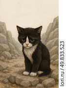 A watercolor illustration of a lonely black and white kitten with a sad expression sitting in a rocky landscape. The kitten has large sad eyes, slightly ruffled fur and a white chest, which emphasizes its vulnerability and helplessness. The rocky landscape with no signs of life reinforces the feeling of isolation and loneliness. The illustration is done in a soft but muted color palette, evoking sympathy and a desire to protect in the viewer. Стоковое AI-изображение, AI-художник Анна Кривицкая / Фотобанк Лори