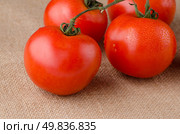 Cherry Tomatoes on the vine over rafia background. Стоковое фото, агентство Ingram Publishing / Фотобанк Лори