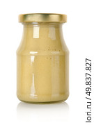 Glass jar of mustard isolated on a white background. Стоковое фото, агентство Ingram Publishing / Фотобанк Лори