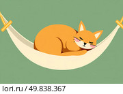 A charming orange cat rests peacefully in a soft hammock, eyes gently closed, basking in the warm sunlight, embodying tranquility and contentment in a serene environment Generative AI. Стоковое AI-изображение, AI-художник Юлия Петровская / Фотобанк Лори