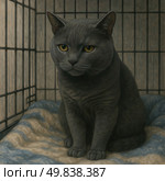 Sad in a Cage. A sad gray cat with expressive yellow eyes sits on a soft blanket inside a metal cage. The lighting is soft, emphasizing the texture of his thick fur and thoughtful gaze. The image conveys a feeling of loneliness, abandonment and hope. Perfect for themes related to animal shelters, volunteer help, responsible attitude to pets and social advertising. Стоковое AI-изображение, AI-художник Анна Кривицкая / Фотобанк Лори
